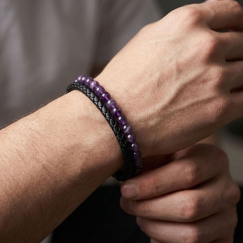 Uniqal PASSION AMETHYST Armband für Männer – elegantes Herrenaccessoire mit violetten Amethyst-Perlen und schwarzem geflochtenem Leder