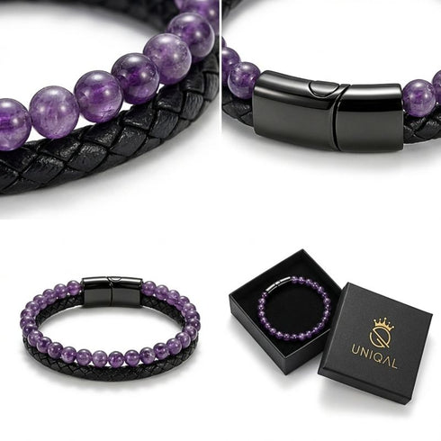Uniqal PASSION AMETHYST Herrenarmband – schwarz-violettes Armband mit Amethyst-Perlen und modernem Metallverschluss in Detailansicht