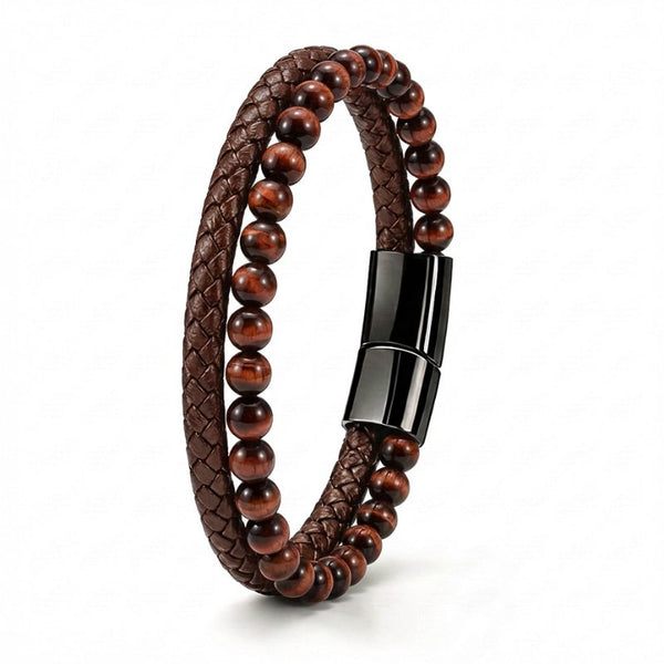 Uniqal PASSION BROWN Schmuckstück mit rotbraunen Tigerauge Elementen und geflochtener Lederoptik, stilvolles Design mit Gravur Möglichkeit