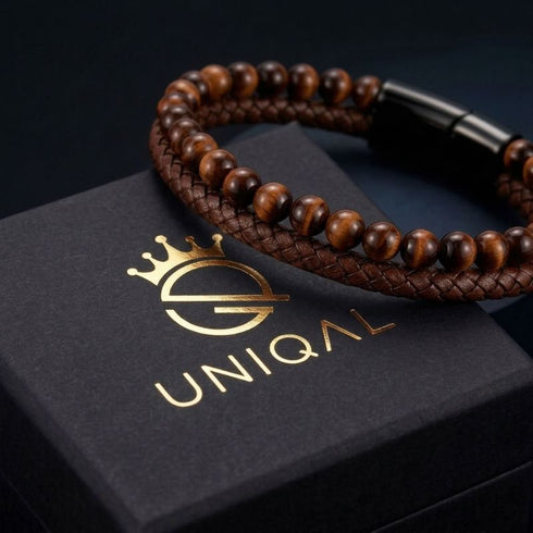Uniqal PASSION BROWN Herrenarmband – braunes Flechtleder mit warmen braunen Perlen und schwarzem Verschluss für einen modernen Männerlook