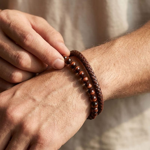Uniqal PASSION BROWN Herrenarmband am Handgelenk – braunes Flechtleder mit glänzenden braunen Perlen für einen entspannten und stilvollen Casual-Look