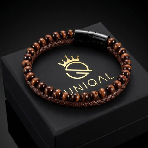Uniqal PASSION BROWN Herrenarmband – stilvolles braunes Armband mit glänzenden Perlen und geflochtenem Leder