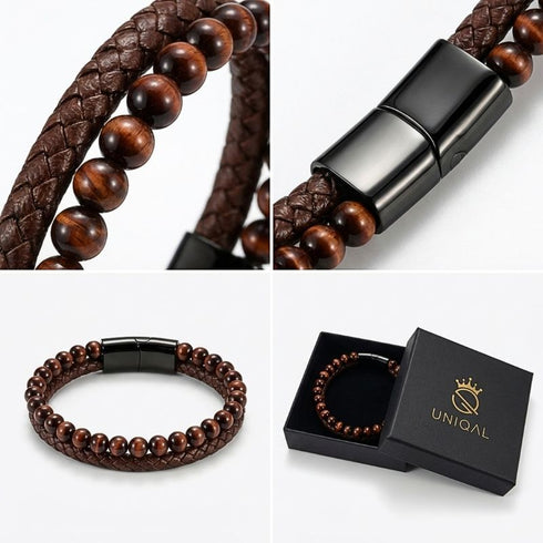 Uniqal PASSION BROWN Herrenarmband – braunes Lederarmband mit glänzenden Perlen und modernem schwarzem Verschluss in Detailansicht