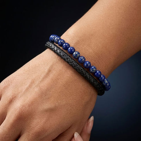 Uniqal PASSION LAPIS Herrenarmband – stilvolles Männerarmband mit blauen Lapis-Perlen und schwarzem geflochtenem Leder