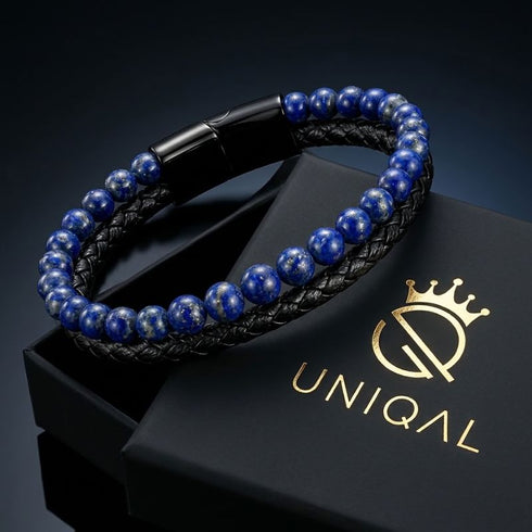 Uniqal PASSION LAPIS Herrenarmband – schwarzes Lederarmband mit blauen Lapis-Perlen und modernem, markantem Design für Männer