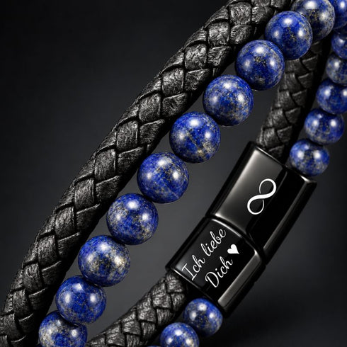Uniqal PASSION LAPIS Herrenarmband mit personalisierter Gravur – individuelles Armband mit Lapis-Perlen, schwarzem Flechtleder und persönlicher Botschaft