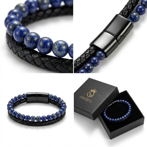 Uniqal PASSION LAPIS Herrenarmband – stilvolles blau-schwarzes Armband mit Lapis-Perlen und elegantem Metallverschluss im Detail