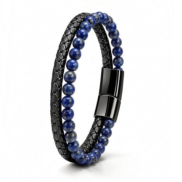 Uniqal PASSION LAPIS Armband aus echtem Leder mit Lapislazuli Perlen, geflochtenes schwarzes Design, eleganter Magnetverschluss, personalisierbar mit Gravur