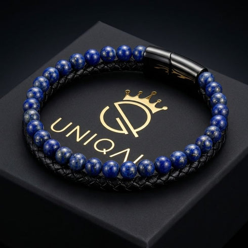 Uniqal PASSION LAPIS Lederarmband für Herren – schwarzes Flechtarmband mit intensiv blauen Lapis-Perlen und eleganter Optik