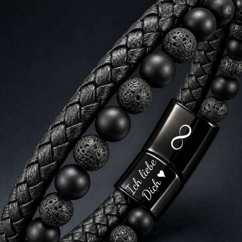 Uniqal PASSION LAVA Armband mit Gravur – persönliches Geschenk für Partner, Freund oder Ehemann mit Lavasteinen und individueller Liebesbotschaft