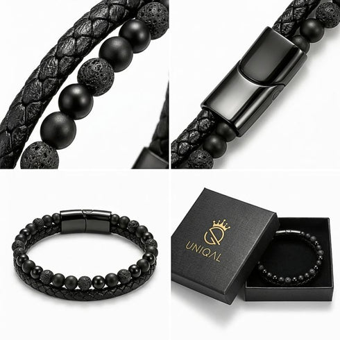 Uniqal PASSION LAVA Herrenarmband – schwarzes Armband mit Lavastein-Perlen und elegantem dunklem Verschluss in detaillierter Ansicht