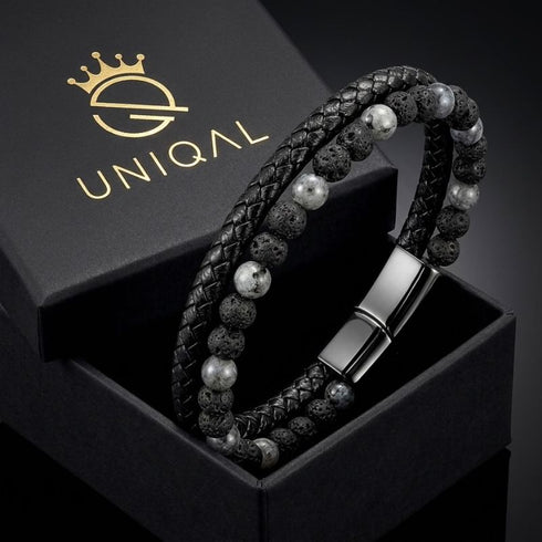 Uniqal PASSION LAVA SPECTROLITE Herrenarmband – schwarzes Flechtleder mit Lavastein- und grau gemusterten Spectrolite-Perlen