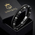 Uniqal PASSION LAVA SPECTROLITE Herrenarmband – schwarzes Flechtleder mit Lavastein- und grau gemusterten Spectrolite-Perlen
