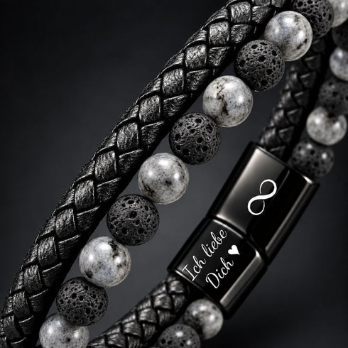 Uniqal PASSION LAVA SPECTROLITE Armband mit individueller Gravur – personalisiertes Schmuckstück mit Lavastein, Spectrolite und schwarzem Flechtleder