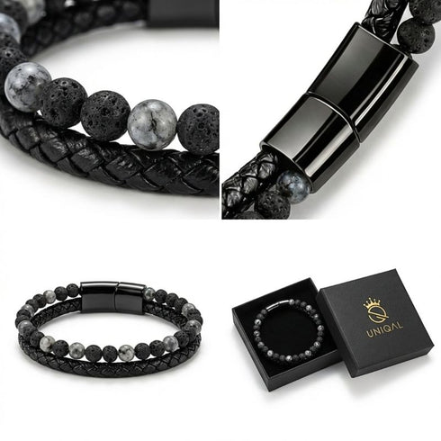 Uniqal PASSION LAVA SPECTROLITE Armband – schwarz-graues Natursteinarmband mit elegantem schwarzem Verschluss in Detailansicht