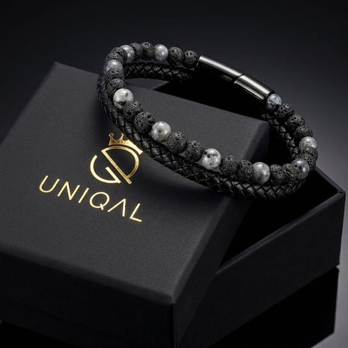 Uniqal PASSION LAVA SPECTROLITE Herrenarmband – stilvolles schwarz-graues Männerarmband mit Lavastein, Spectrolite-Perlen und modernem Verschluss