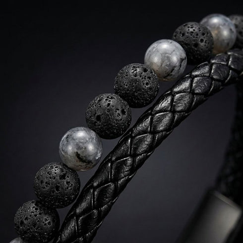 Uniqal PASSION LAVA SPECTROLITE Armband mit personalisierter Gravur – individuelles schwarz-graues Armband mit Naturstein-Perlen und persönlicher Botschaft