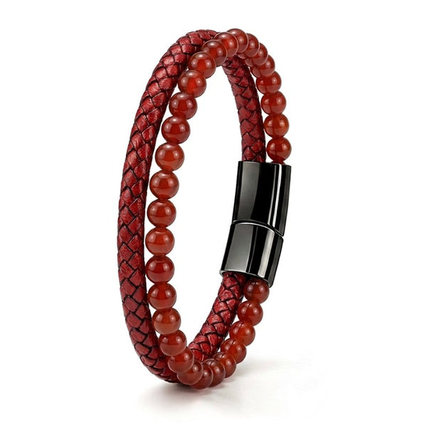 Uniqal PASSION RED AGATE Schmuckstück mit leuchtenden Achat Elementen und geflochtener Lederstruktur in kräftigem Rot, ausdrucksstarkes Design mit Gravur Option