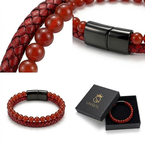 Uniqal PASSION RED AGATE Armband – rotes Lederarmband mit Achat-Perlen und elegantem schwarzem Verschluss in Detailansicht