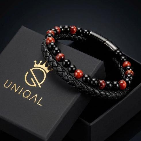 Uniqal PASSION RED TIGER EYE Herrenarmband – schwarzes Flechtlederarmband mit schwarzen Perlen und roten Tigerauge-Perlen für einen markanten Männerlook