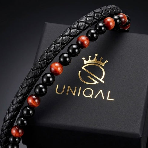 Uniqal PASSION RED TIGER EYE Armband für Männer – elegantes Herrenaccessoire mit roten Tigerauge-Perlen und schwarzem geflochtenem Leder