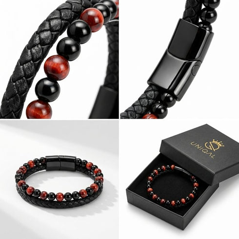 Uniqal PASSION RED TIGER EYE Armband für Männer – modernes Lederarmband mit roten Tigerauge-Perlen und schwarzem Magnetverschluss