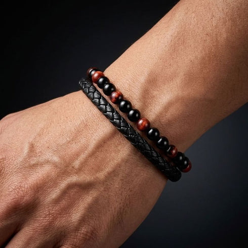 Uniqal PASSION RED TIGER EYE Herrenarmband – stilvolles schwarz-rotes Männerarmband mit Tigerauge-Perlen für Alltag und Freizeit