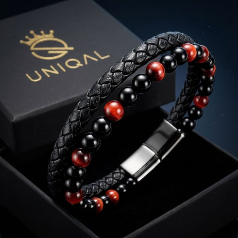 Uniqal PASSION RED TIGER EYE Herrenarmband – stilvolles schwarz-rotes Armband mit Tigerauge-Perlen, schwarzen Kugeln und modernem Verschluss