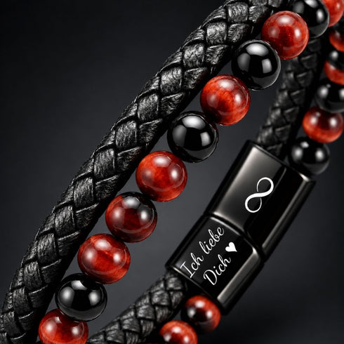 Uniqal PASSION RED TIGER EYE Herrenarmband mit personalisierter Gravur – individuelles schwarz-rotes Armband mit Tigerauge-Perlen und persönlicher Botschaft