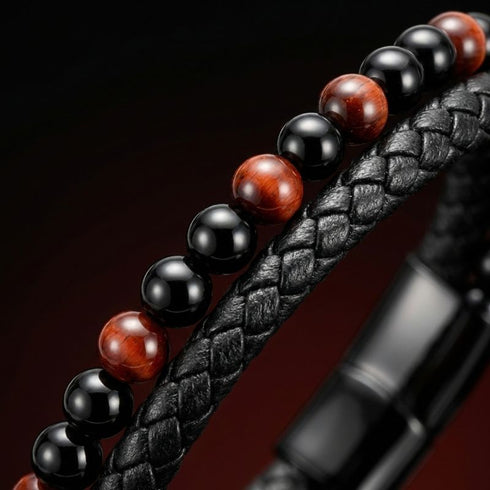 Uniqal PASSION RED TIGER EYE Herrenarmband – stilvolles schwarz-rotes Armband mit glänzenden roten Tigerauge-Perlen und markantem Flechtleder