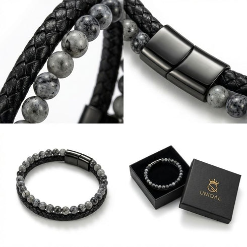 Uniqal PASSION SPECTROLITE Armband mit Gravur – personalisierbares Herrenarmband mit grauen Spectrolite-Perlen, schwarzem Flechtleder und modernem Verschluss