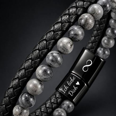 Uniqal PASSION SPECTROLITE Herrenarmband mit personalisierter Gravur – individuelles Armband mit grauen Spectrolite-Perlen und persönlicher Botschaft