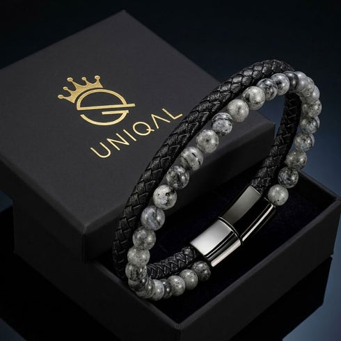 Uniqal PASSION SPECTROLITE Herrenarmband – stilvolles Männerarmband mit grauen Spectrolite-Perlen, schwarzem Flechtleder und modernem Design