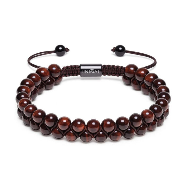 Uniqal zweireihiges Armband aus rotem Tigerauge 6mm – verstellbarer Makramee-Verschluss, gravierbar, Unisex