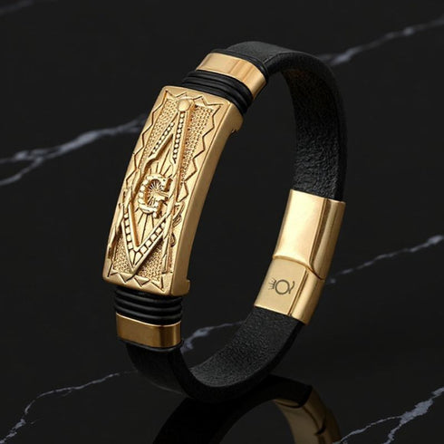 Uniqal Masonic Armband mit goldener Gravurplatte und edlem Lederband