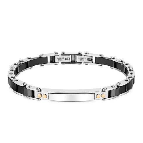 Uniqal PRIMO Armband aus Edelstahl mit schwarzer Keramik und eleganter Gravurplatte in moderner Frontansicht