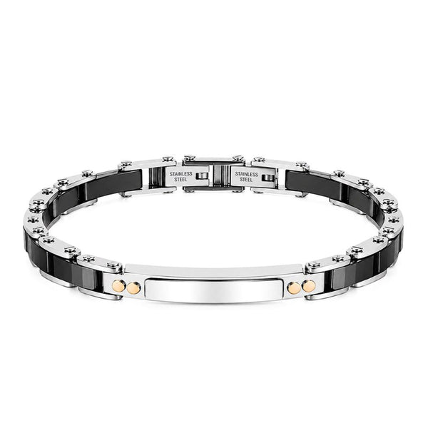 Uniqal PRIMO Armband aus Edelstahl mit schwarzer Keramik und eleganter Gravurplatte in moderner Frontansicht