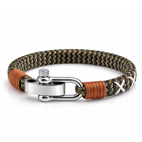 Segeltau-Armband REGATTA in Olivgrün und Sandbraun mit Edelstahl-Schäkel