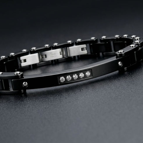 UNIQAL REGIO modernes Unisex Armband mit schwarzer Gliederstruktur, Naturholz und funkelnden Schmucksteinen