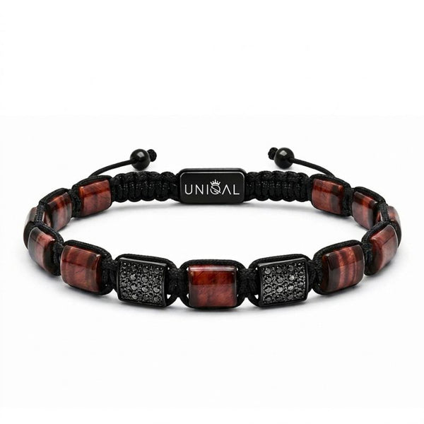 Rotes Tigerauge Armband von UNIQAL mit verstellbarem Makramee-Verschluss und gravierbarer Verschlussperle