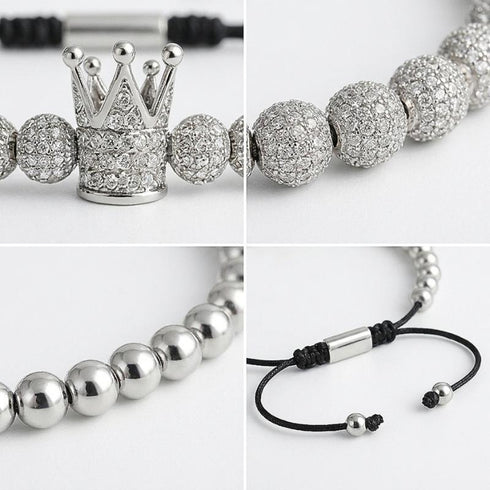 Detailansicht des UNIQAL Royal Silver Crown Armbands mit hochwertiger Krone, funkelnden Zirkonia-Steinen, versilberten Perlen und verstellbarem Verschluss für optimalen Tragekomfort