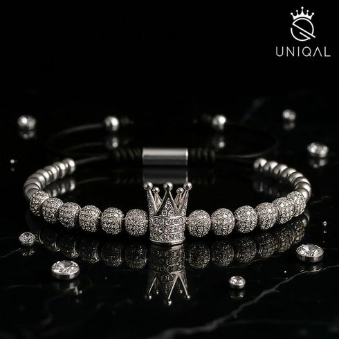 Luxuriöses UNIQAL Royal Silver Crown Armband mit silberfarbener Krone und weißen Zirkonia-Steinen, elegantes Designer Armband für Damen und Herren mit exklusiver Ausstrahlung