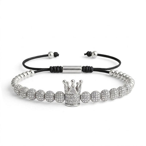 UNIQAL Royal Silver Crown Armband aus hochwertig versilbertem Material mit funkelnden weißen Zirkonia-Steinen, verstellbares Unisex Armband mit Kronen-Design für Damen und Herren