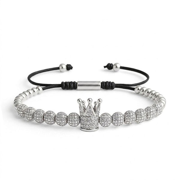 UNIQAL Royal Silver Crown Armband aus hochwertig versilbertem Material mit funkelnden weißen Zirkonia-Steinen, verstellbares Unisex Armband mit Kronen-Design für Damen und Herren