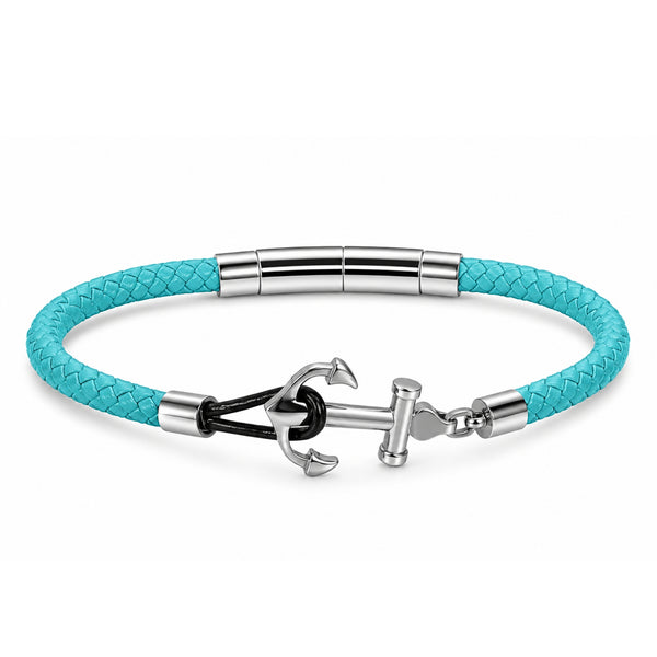UNIQAL SAMUI geflochtenes Lederarmband in Türkis mit silbernem Anker aus Edelstahl im maritimen Stil.