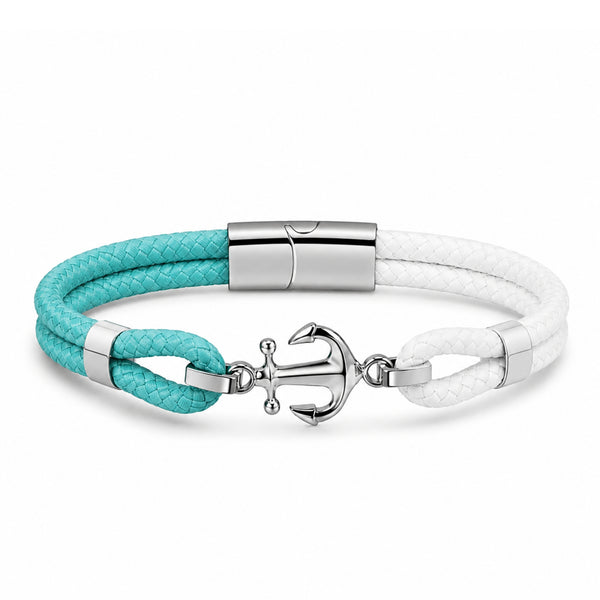 UNIQAL SANTORINI Lederarmband in Türkis mit Anker aus Edelstahl – elegantes Unisex-Armband aus Premium Leder mit Magnetverschluss und gravierbarer Schließe.