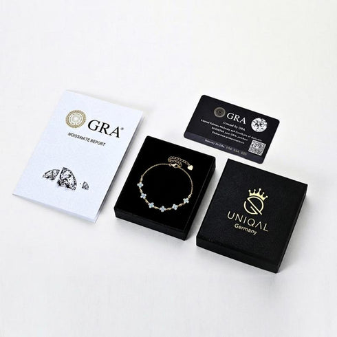 Elegante Uniqal Schmuckverpackung mit Moissanit Armband, luxuriöse Geschenkbox mit Zertifikat und hochwertiger Präsentation.