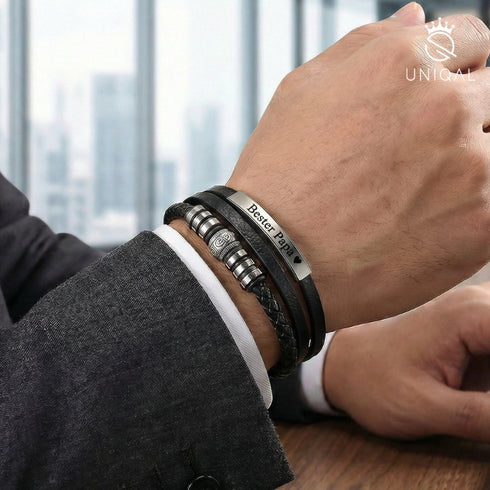 Uniqal Lederarmband mit Gravur „Bester Papa“ – personalisierbares Geschenk für Vater, Edelstahl und schwarzes Leder im Business Stil