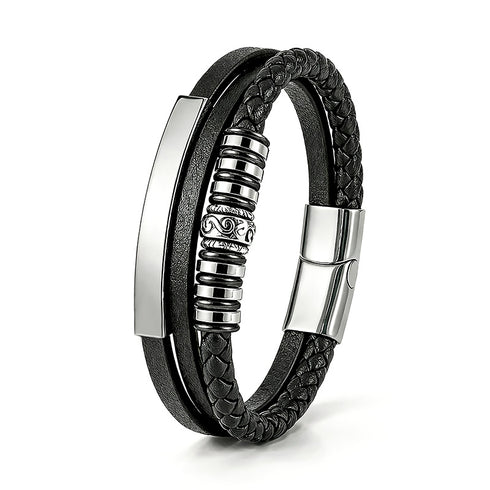 Uniqal Lederarmband SILVER GRAPHICS mit Edelstahl in Silber – gravierbare Platte und Verschluss, personalisierbares Herrenaccessoire