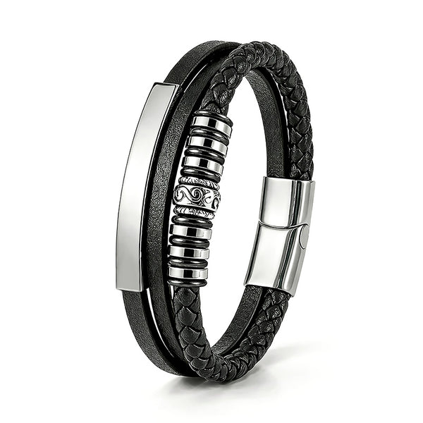 Uniqal Lederarmband SILVER GRAPHICS mit Edelstahl in Silber – gravierbare Platte und Verschluss, personalisierbares Herrenaccessoire